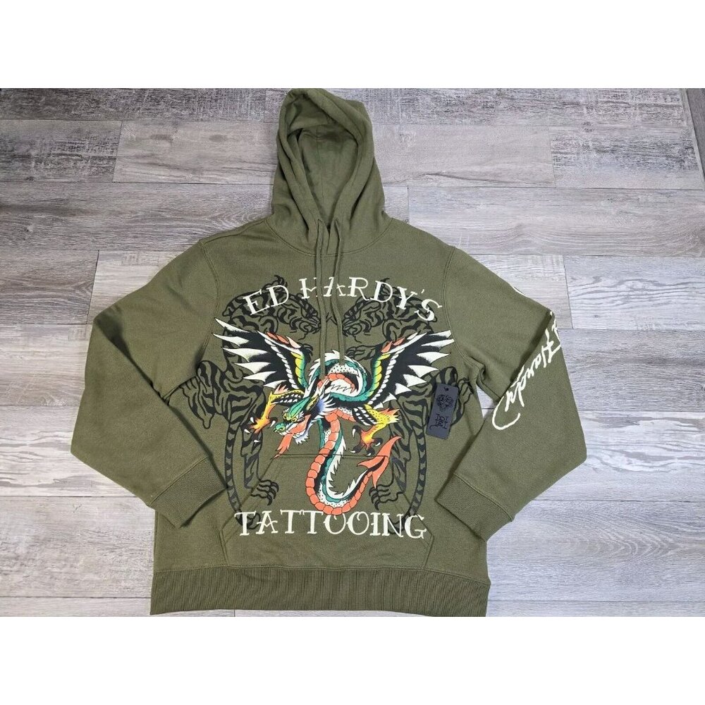 Ed Hardy Hoodie Mens L Green Graphic Print Tattoo Fire Breathing Dragon Tiger
